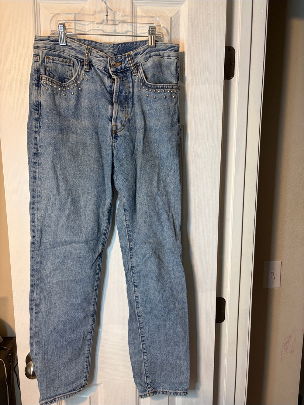 Relaxed Fit Women's Jeans in Light Blue with Stud Detail